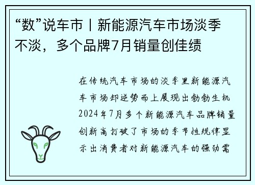 “数”说车市丨新能源汽车市场淡季不淡，多个品牌7月销量创佳绩