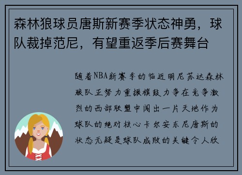 森林狼球员唐斯新赛季状态神勇，球队裁掉范尼，有望重返季后赛舞台