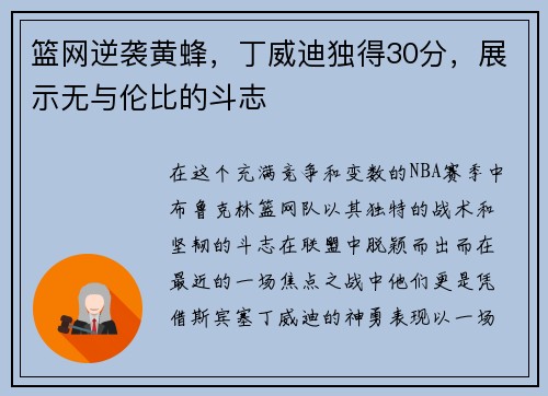 篮网逆袭黄蜂，丁威迪独得30分，展示无与伦比的斗志