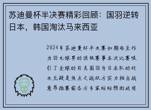 苏迪曼杯半决赛精彩回顾：国羽逆转日本，韩国淘汰马来西亚